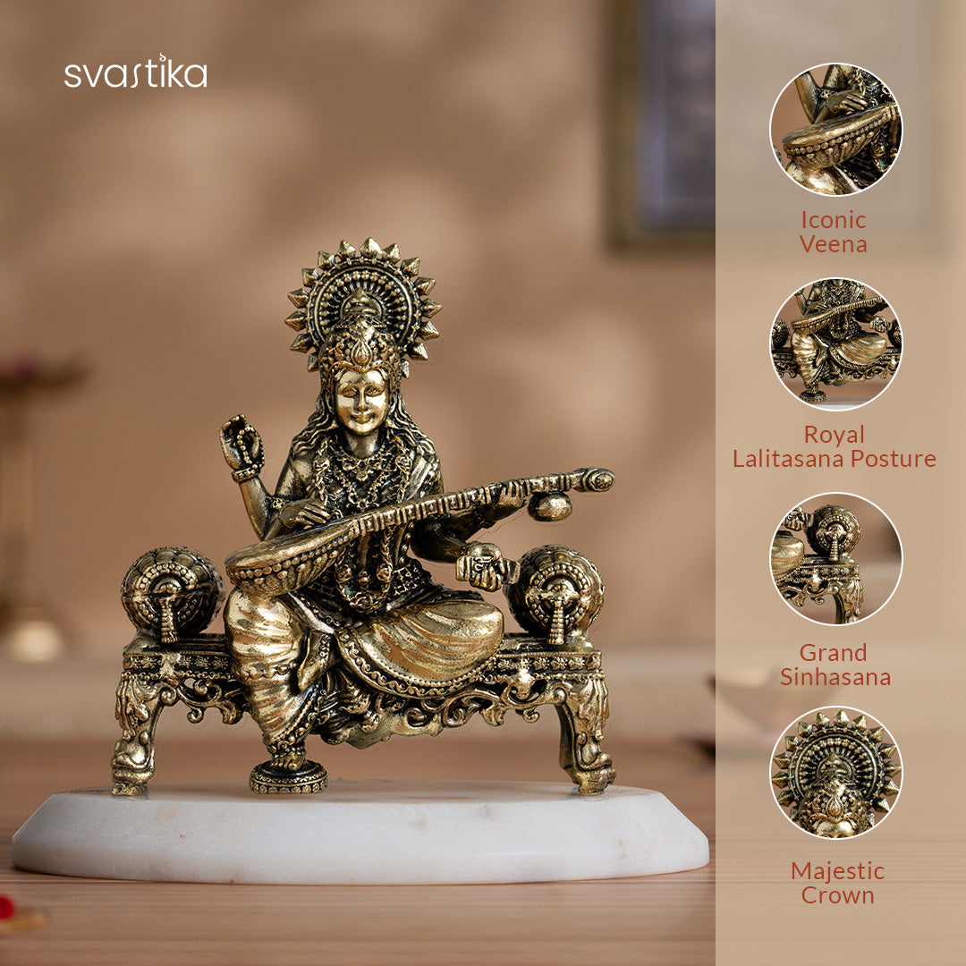 Brass Saraswati Idol Playing Veena On Singhasan (4 Inch)
