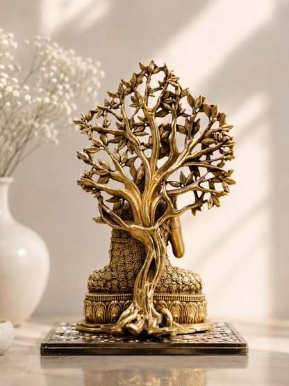 Buddha Under Bodhi Tree Antique Gold Finish Statue for Peaceful Home Decor