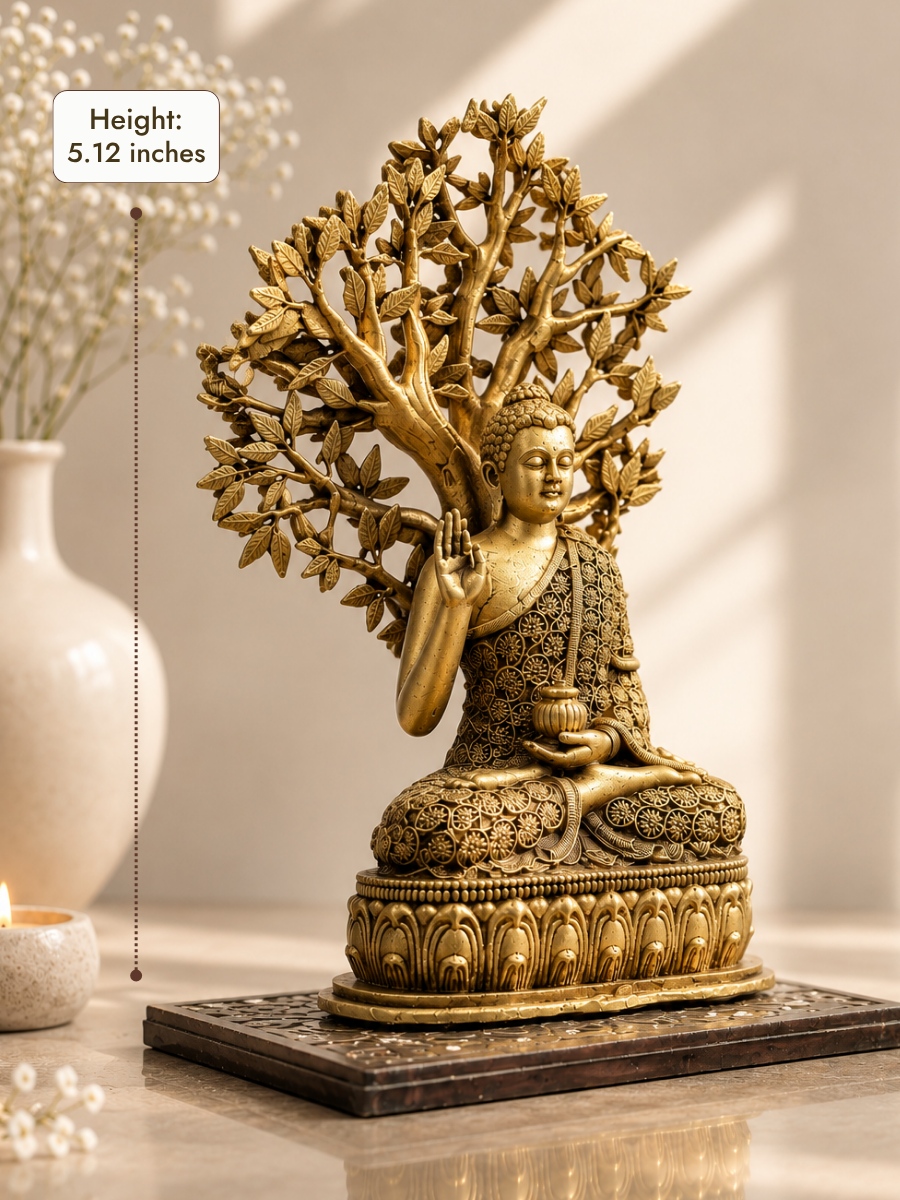 Buddha Under Bodhi Tree Antique Gold Finish Statue for Peaceful Home Decor
