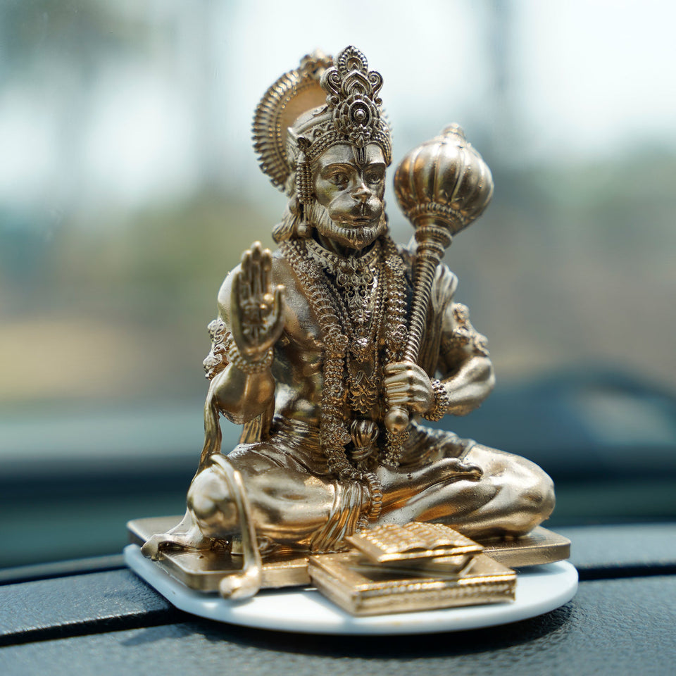 Lord Hanuman Ji — Seated Blessing Idol | Gold Finish | Car Dashboard