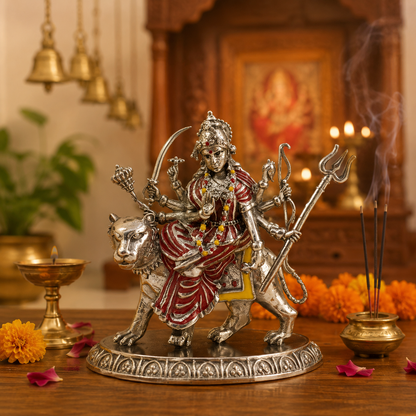 Maa Durga Idol | Brass Idol with Silver Finish | Sherawali Mata Murti for Home Temple