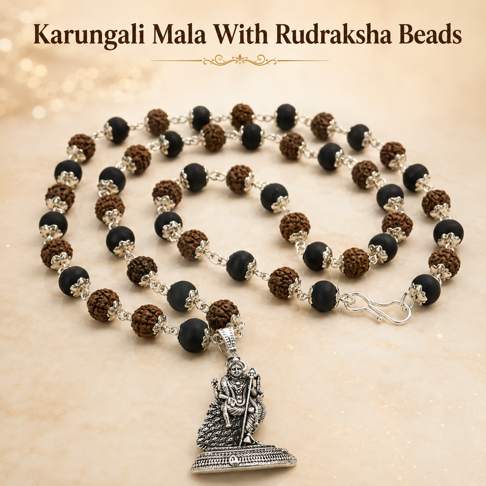 Silver-Capped Rudraksha Karungali Mala with Lord Murugan Pendant