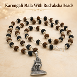 Silver-Capped Rudraksha Karungali Mala with Lord Murugan Pendant