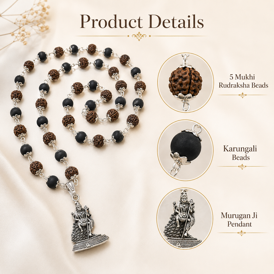 Silver-Capped Rudraksha Karungali Mala with Lord Murugan Pendant