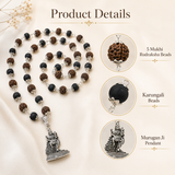 Silver-Capped Rudraksha Karungali Mala with Lord Murugan Pendant
