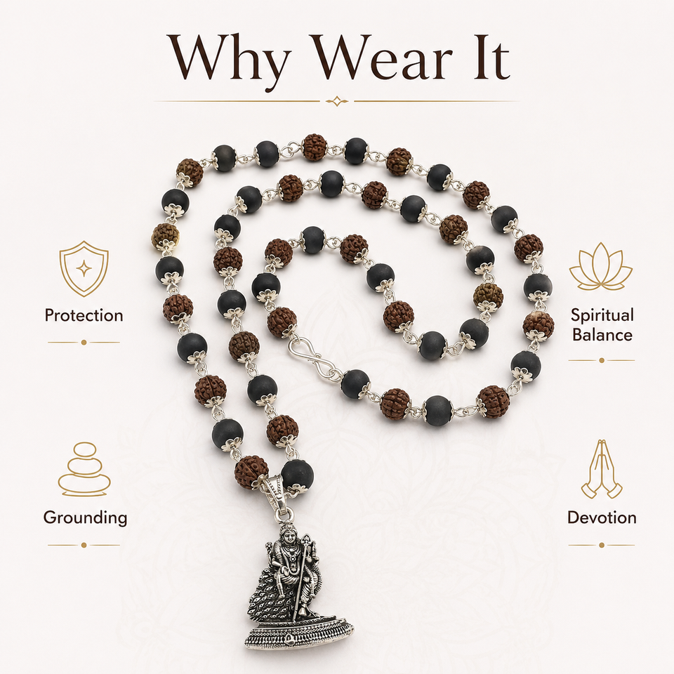 Silver-Capped Rudraksha Karungali Mala with Lord Murugan Pendant