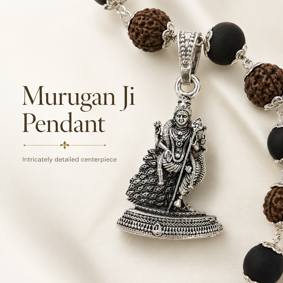 Silver-Capped Rudraksha Karungali Mala with Lord Murugan Pendant