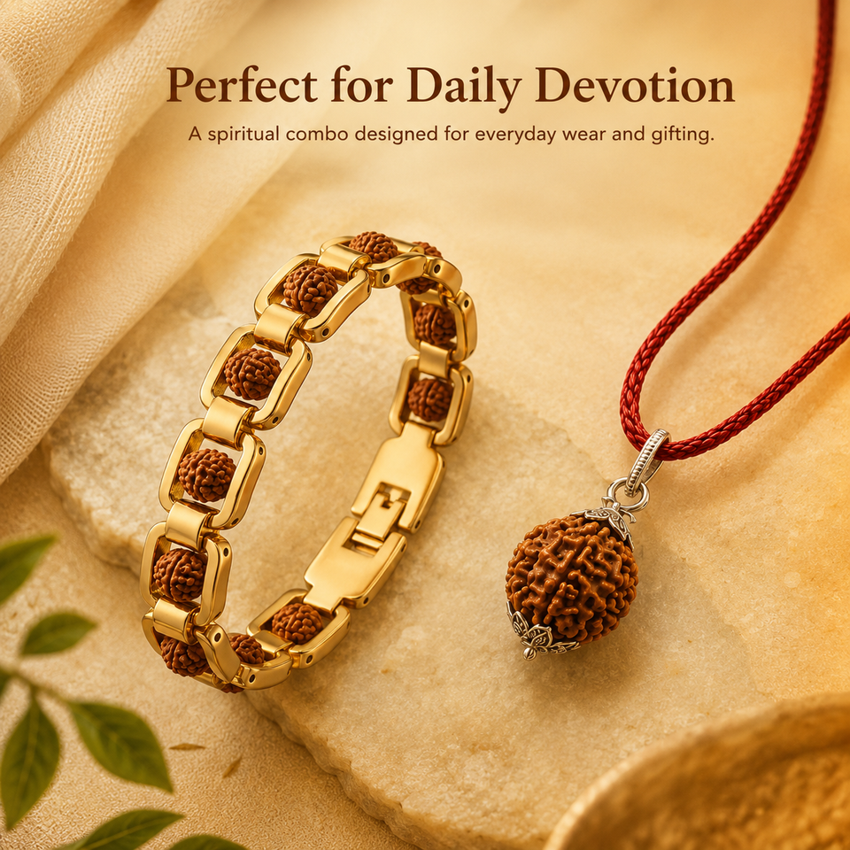 Sacred Harmony 5 Mukhi Rudraksha Pendant & Gold-Plated Bracelet Combo