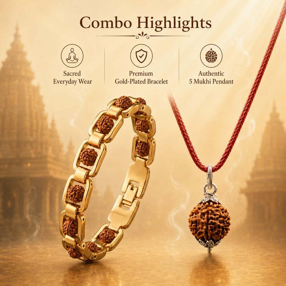 Sacred Harmony 5 Mukhi Rudraksha Pendant & Gold-Plated Bracelet Combo