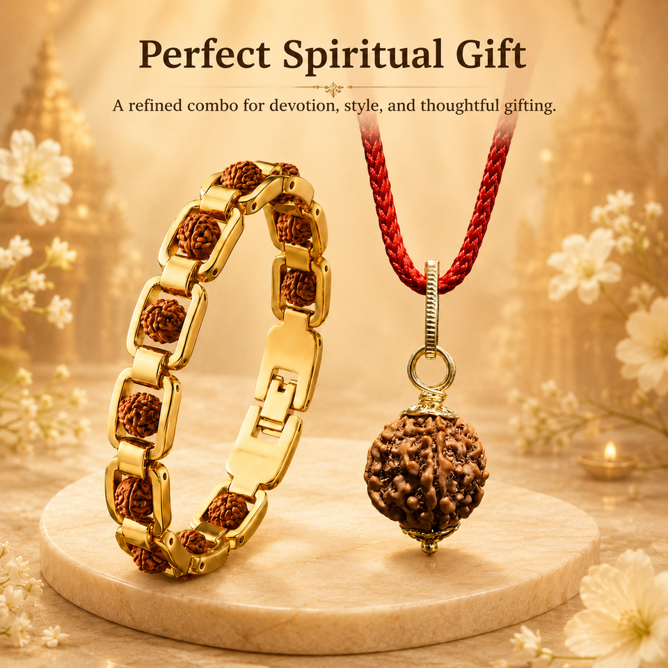 Divine Aura 7 Mukhi Rudraksha Pendant & Gold-Plated Bracelet Combo