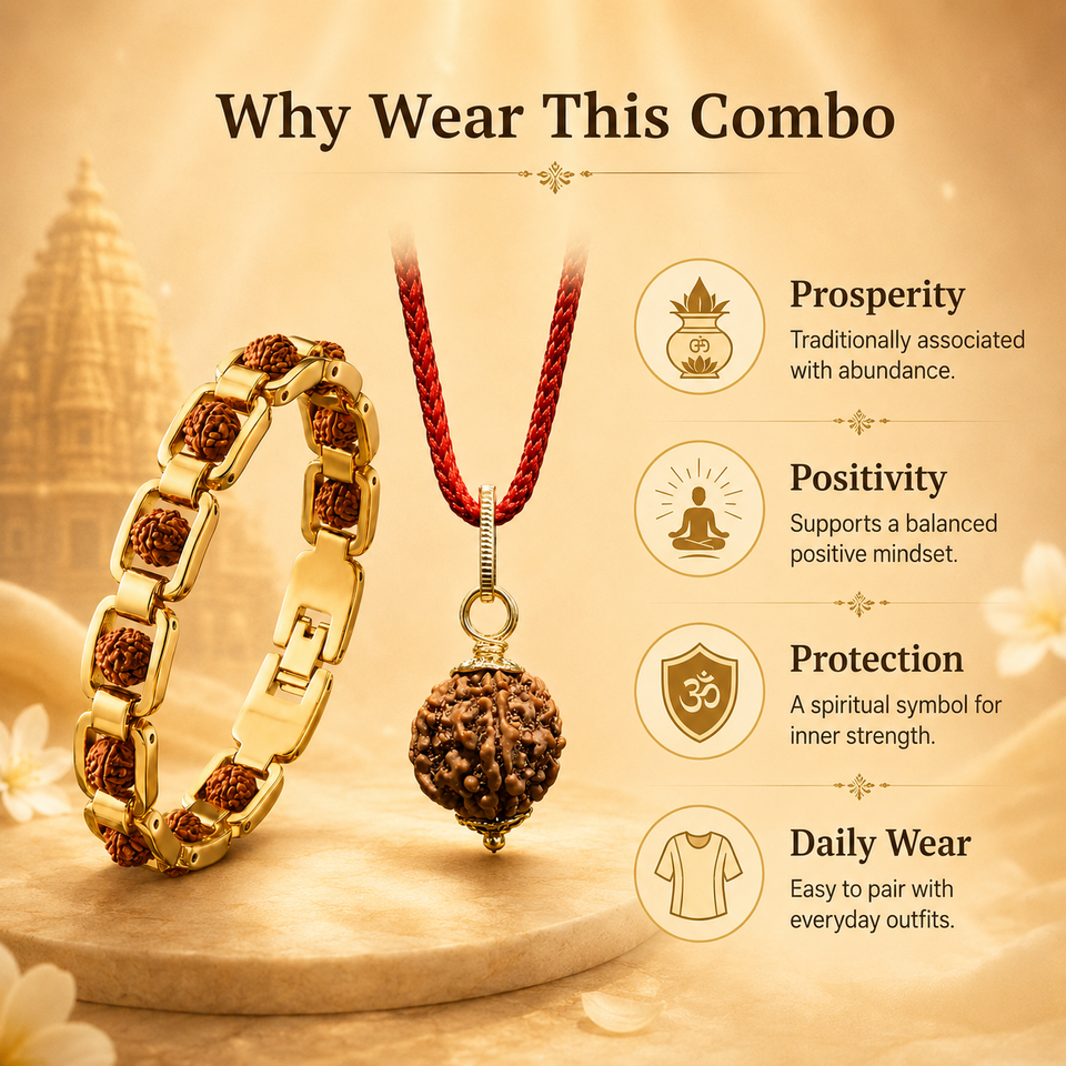 Divine Aura 7 Mukhi Rudraksha Pendant & Gold-Plated Bracelet Combo