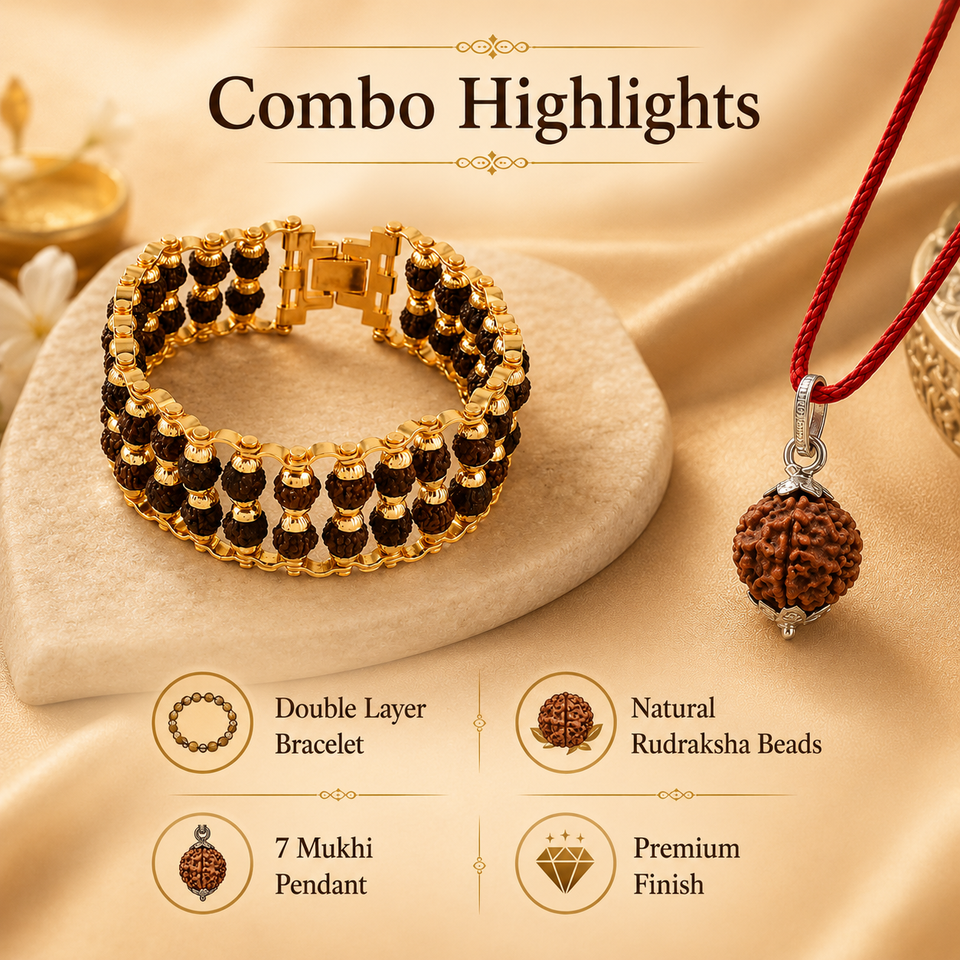 Powerful Double Layer gold plated rudraksha bracelet with 7 Mukhi Rudraksha Pendent