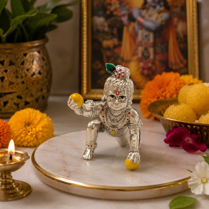Laddu Gopal Idol in Silver Finish | Crawling Baby Krishna Murti with Makhan Ball | Home Temple & Janmashtami Puja