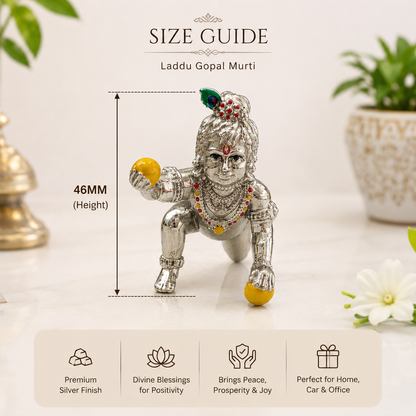 Laddu Gopal Idol in Silver Finish | Crawling Baby Krishna Murti with Makhan Ball | Home Temple & Janmashtami Puja