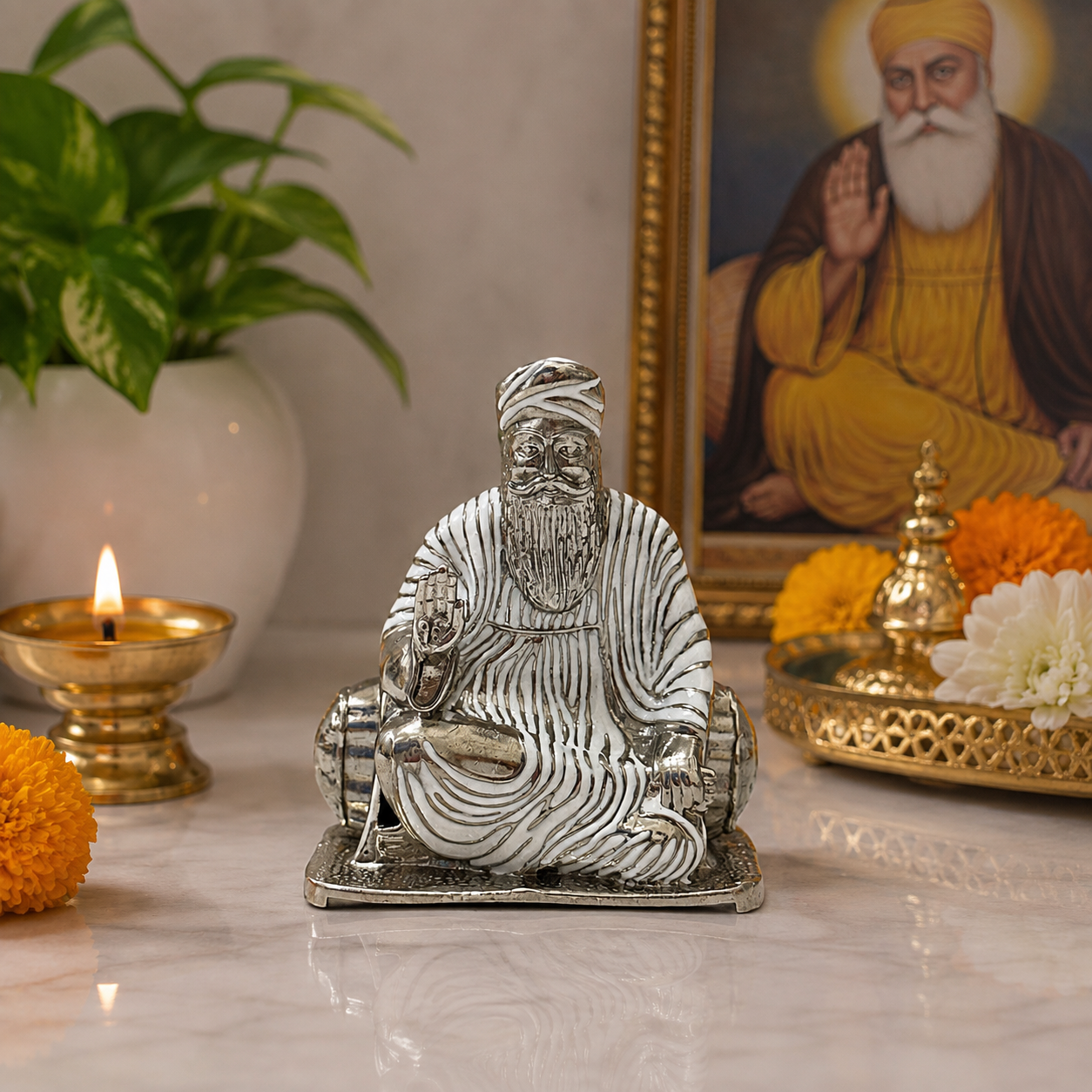 Guru Nanak Dev Ji Idol in Brass with Silver Finish | Sitting Murti with Rabab | Home Temple, Office & Car Dashboard (53mm)