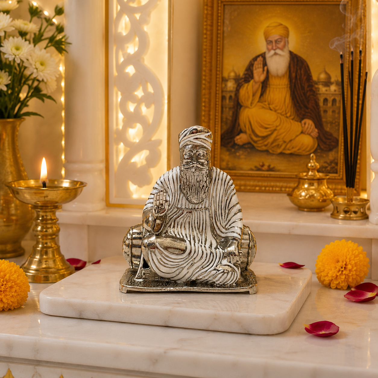 Guru Nanak Dev Ji Idol in Brass with Silver Finish | Sitting Murti with Rabab | Home Temple, Office & Car Dashboard (53mm)