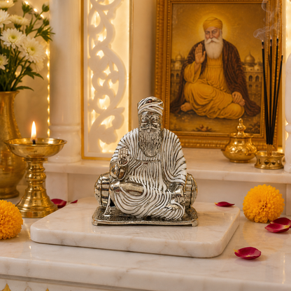 Guru Nanak Dev Ji Idol in Brass with Silver Finish | Sitting Murti with Rabab | Home Temple, Office & Car Dashboard (53mm)