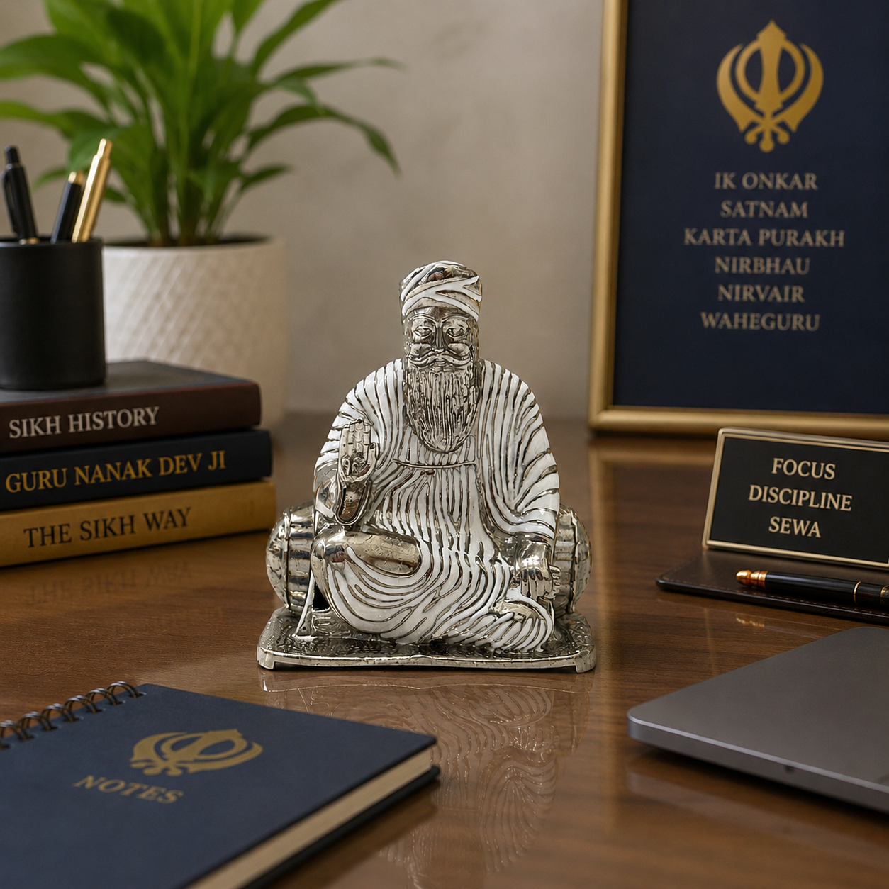 Guru Nanak Dev Ji Idol in Brass with Silver Finish | Sitting Murti with Rabab | Home Temple, Office & Car Dashboard (53mm)