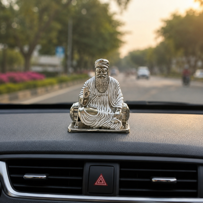 Guru Nanak Dev Ji Idol in Brass with Silver Finish | Sitting Murti with Rabab | Home Temple, Office & Car Dashboard (53mm)