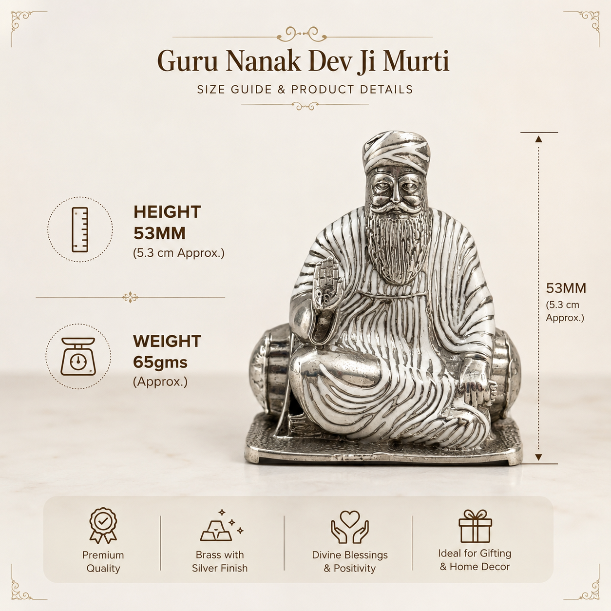 Guru Nanak Dev Ji Idol in Brass with Silver Finish | Sitting Murti with Rabab | Home Temple, Office & Car Dashboard (53mm)