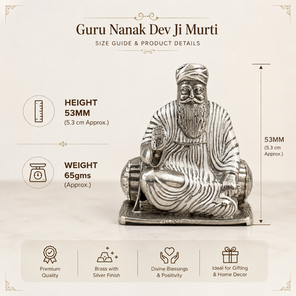 Guru Nanak Dev Ji Idol in Brass with Silver Finish | Sitting Murti with Rabab | Home Temple, Office & Car Dashboard (53mm)