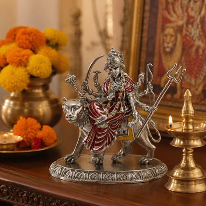 Maa Durga Idol | Brass Idol with Silver Finish | Sherawali Mata Murti for Home Temple