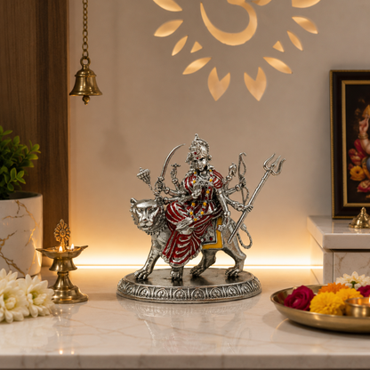 Maa Durga Idol | Brass Idol with Silver Finish | Sherawali Mata Murti for Home Temple