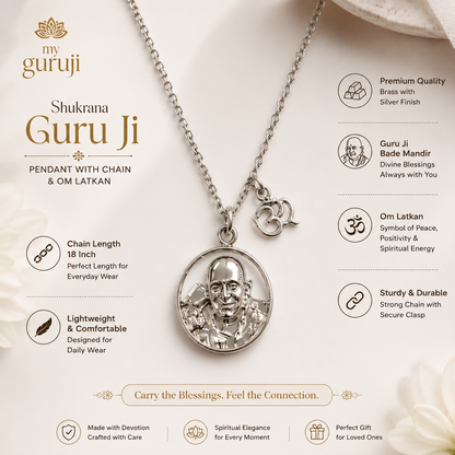 Shukrana Guru Ji Pendant with Chain | Bade Mandir Guru Ji Brass Pendant with Silver Finish