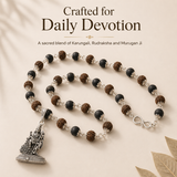 Silver-Capped Rudraksha Karungali Mala with Lord Murugan Pendant