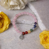 Rose Quartz and 7 Chakra Bracelet with Hamsa Charm
