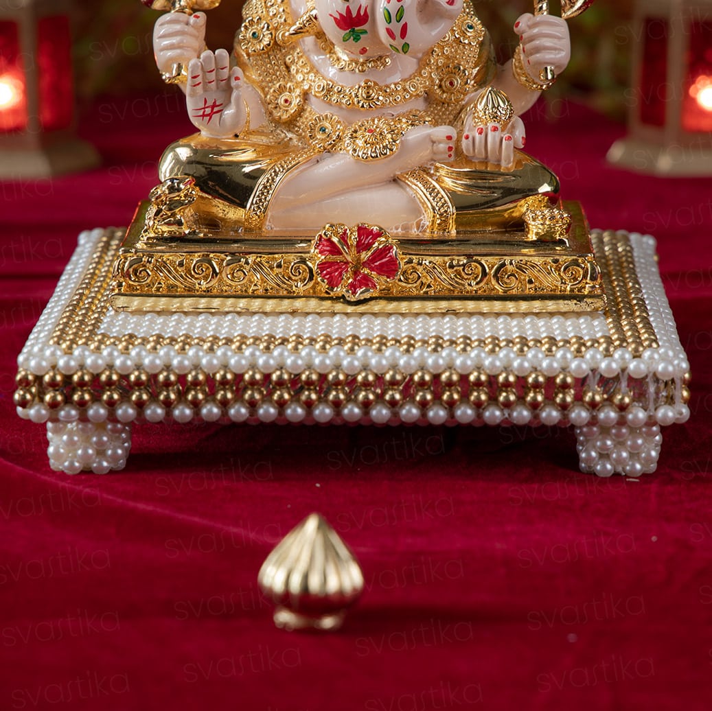 Dagdusheth Ganpati Murti With Chowki For Home - Gold Plated (7 Inch)