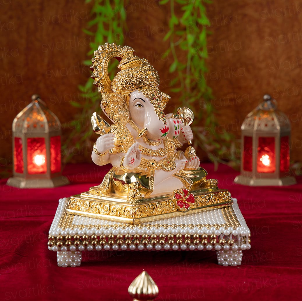 Dagdusheth Ganpati Murti With Chowki For Home - Gold Plated (7 Inch)