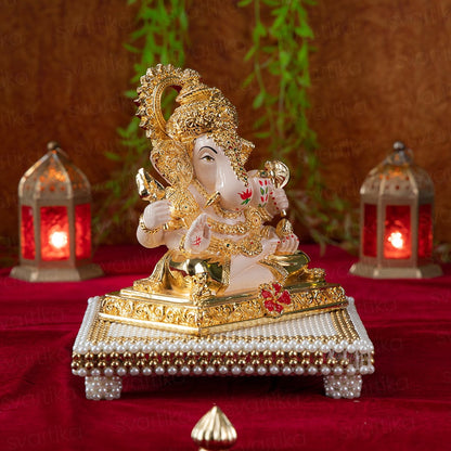 Dagdusheth Ganpati Murti With Chowki For Home - Gold Plated (7 Inch)
