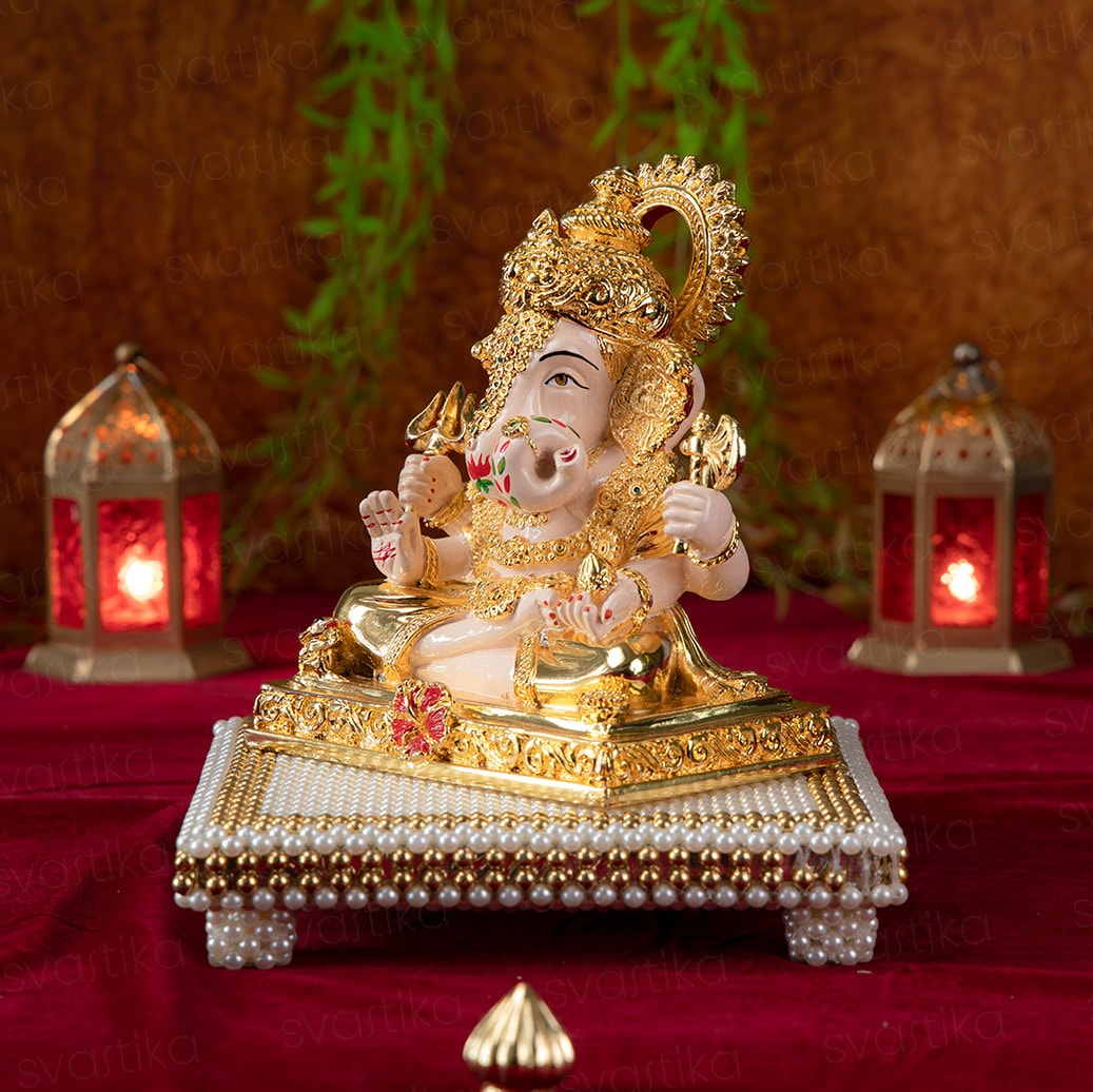 Dagdusheth Ganpati Murti With Chowki For Home - Gold Plated (7 Inch)