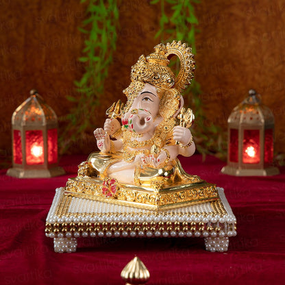 Dagdusheth Ganpati Murti With Chowki For Home - Gold Plated (7 Inch)