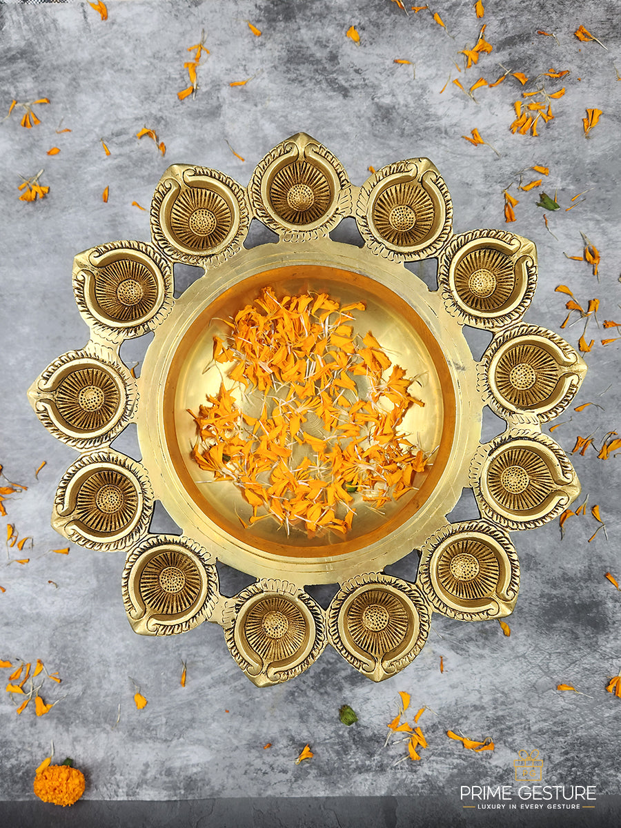 Brass Floral Urli with Petal Diyas
