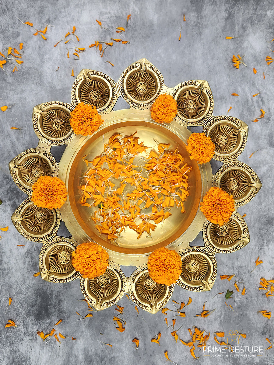 Brass Floral Urli with Petal Diyas