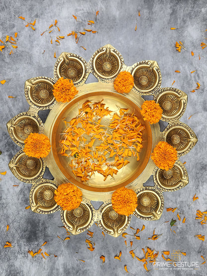 Brass Floral Urli with Petal Diyas