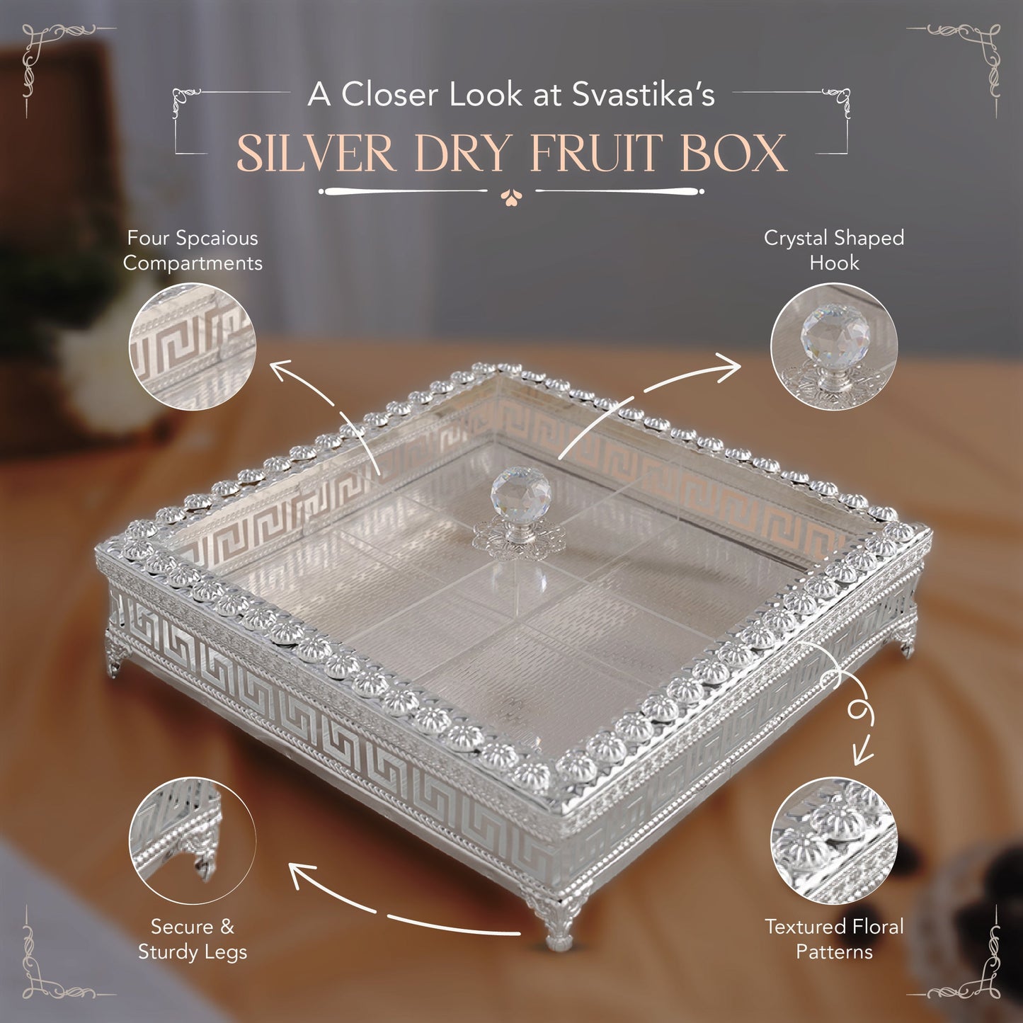 Sqaure Dry Fruit Box With Transparent Lid - German Silver (12 Inch)