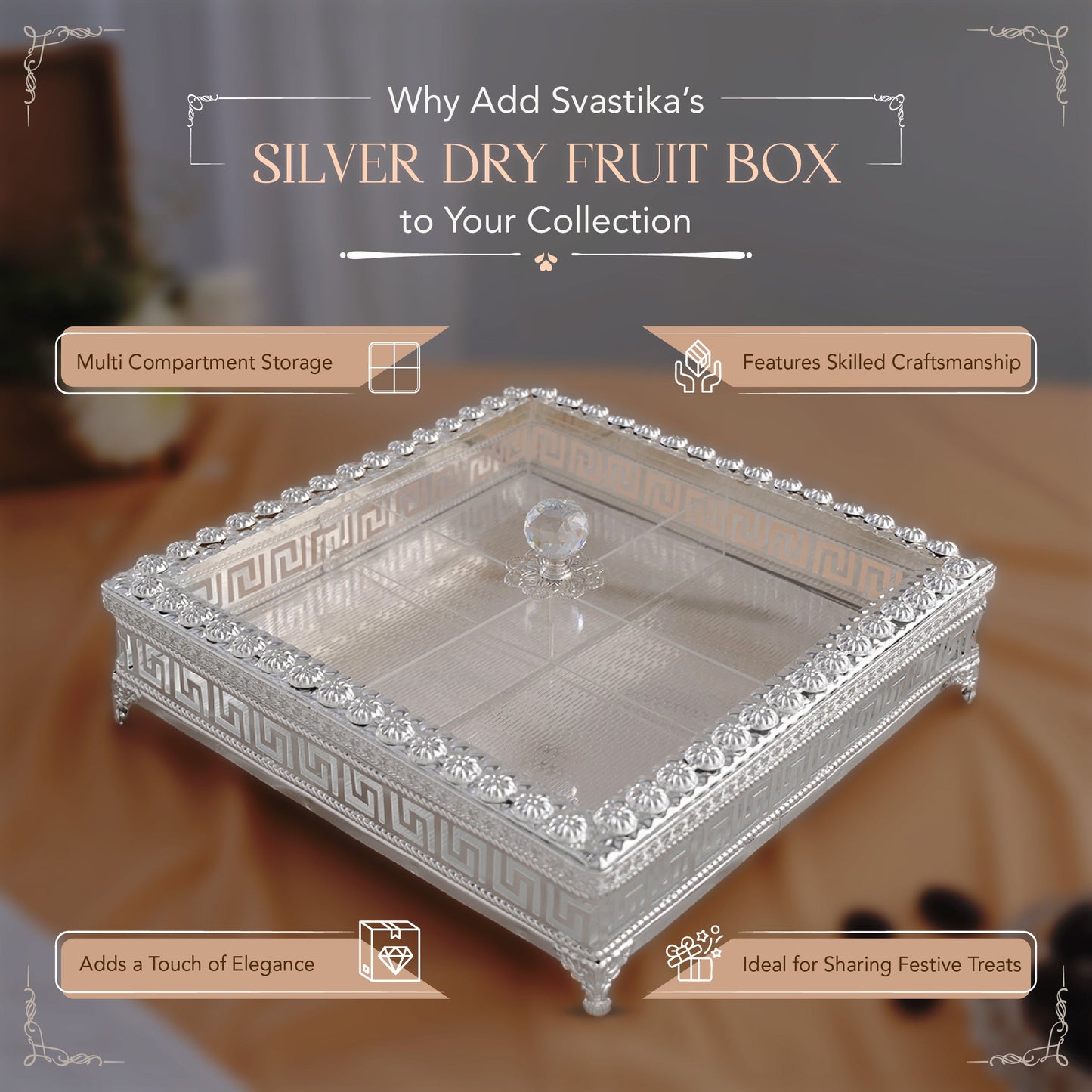 Sqaure Dry Fruit Box With Transparent Lid - German Silver (12 Inch)