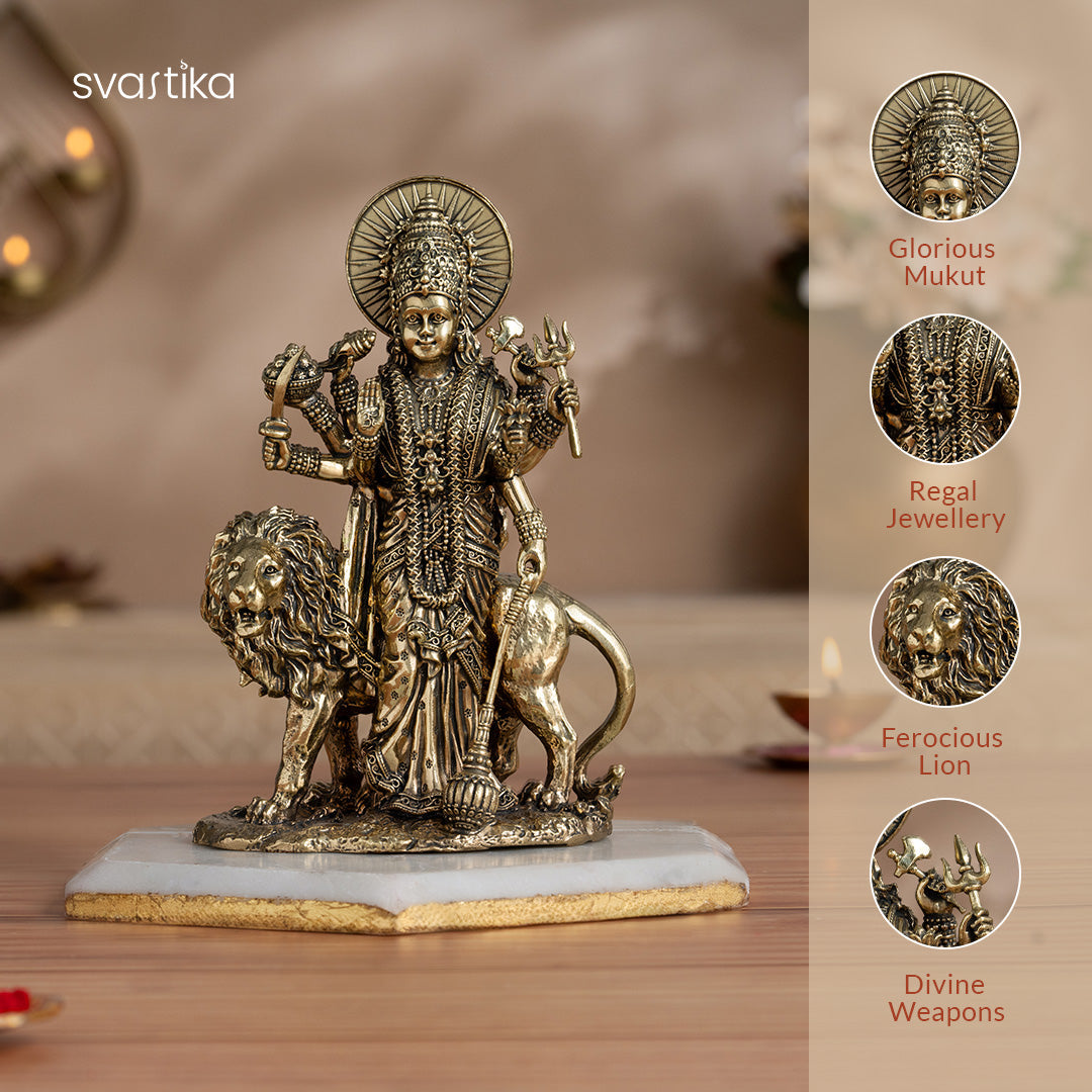 Brass Standing Durga Maa Murti with Lion ( 6 Inch)