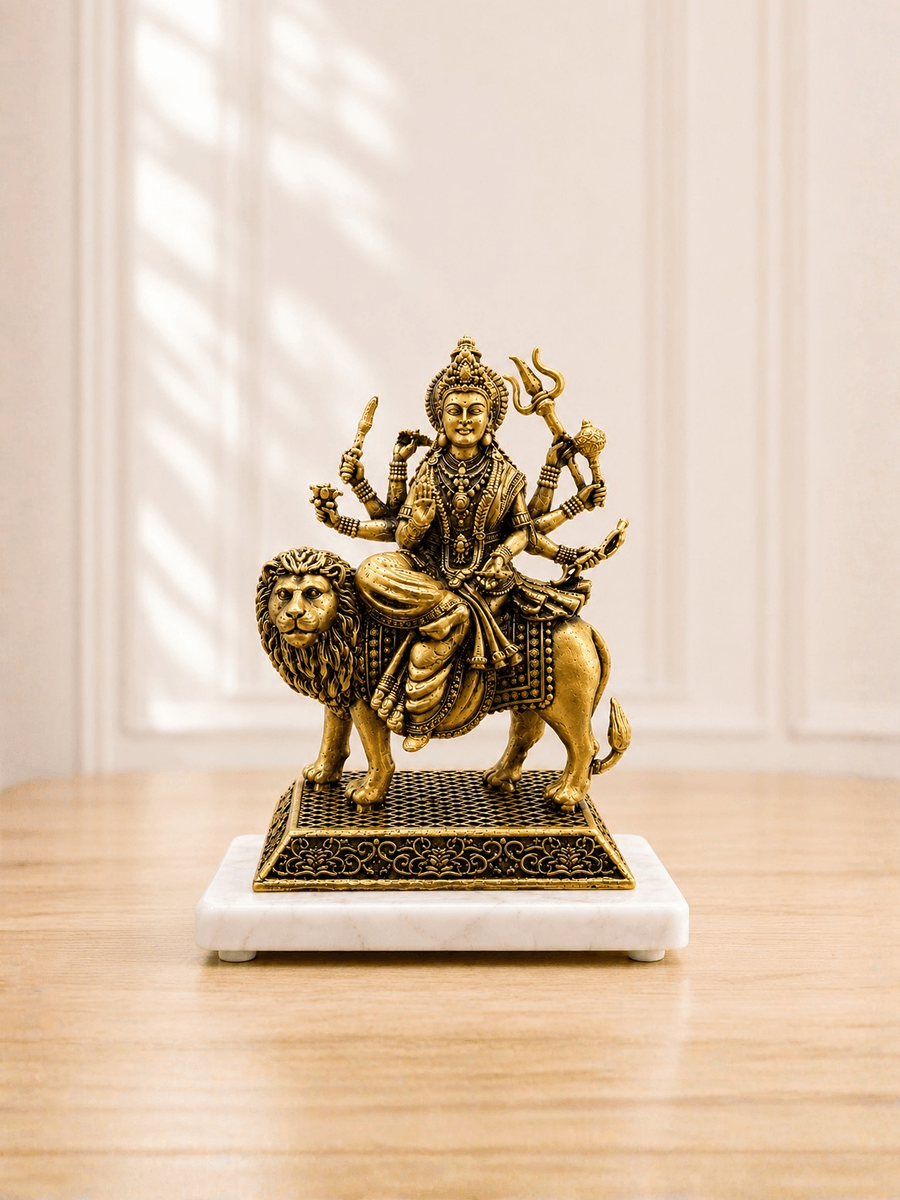 Durga Mata Antique Gold Finish Idol with Lion for Pooja and Home Decor