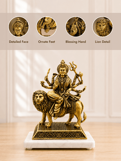 Durga Mata Antique Gold Finish Idol with Lion for Pooja and Home Decor