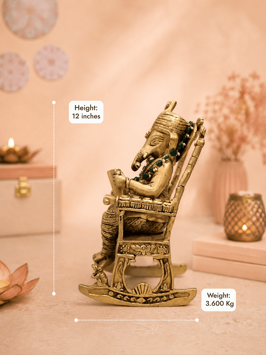 Brass Vidya Vinayak Ganesha Idol | Sitting on Swing Chair & Reading Ramayana for Wisdom, Education, Prosperity & Peaceful Vastu Energy