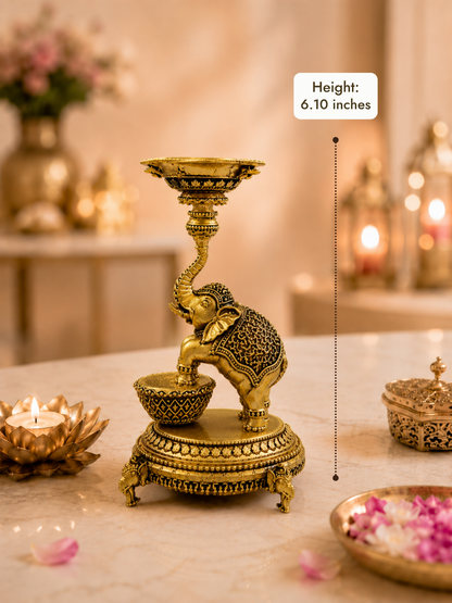 Elephant Diya Urli Stand Antique Gold Finish for Pooja and Decor