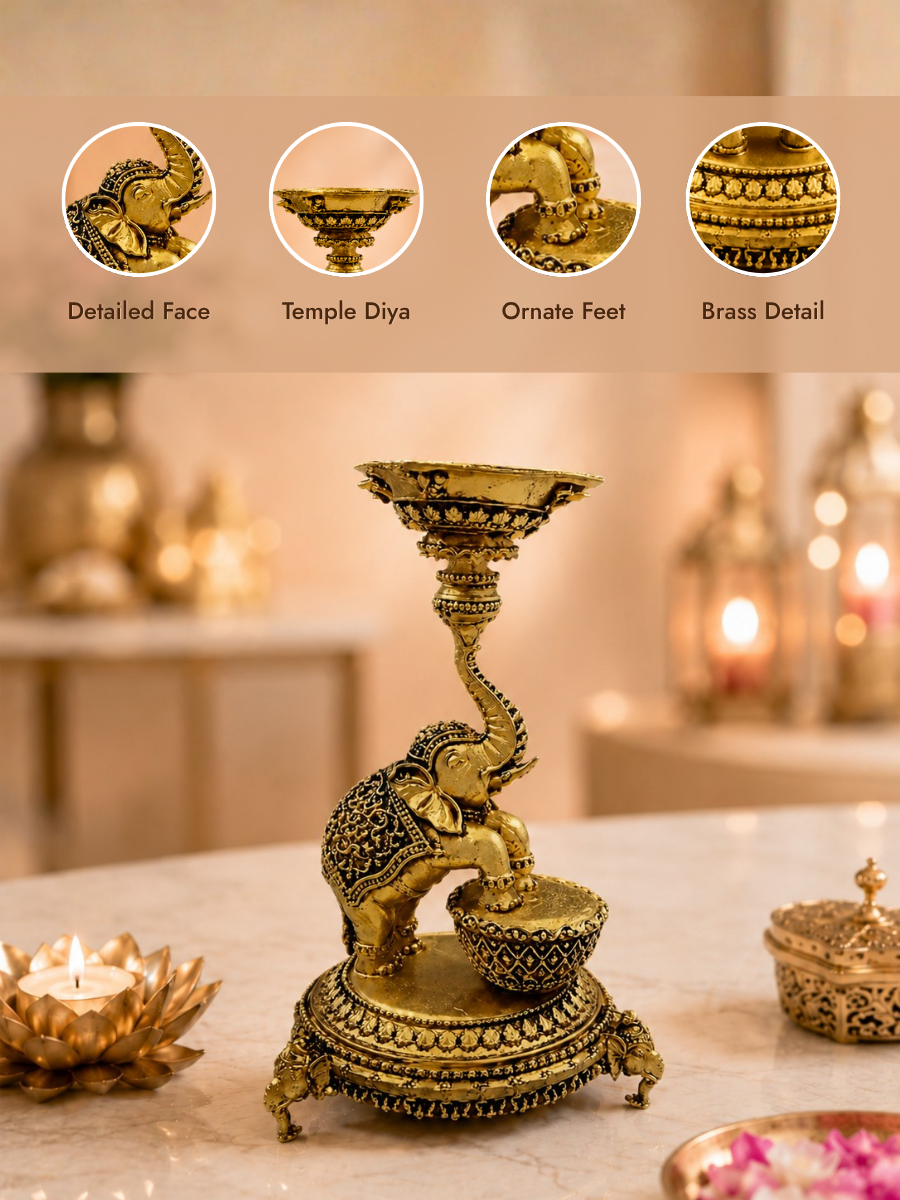 Elephant Diya Urli Stand Antique Gold Finish for Pooja and Decor