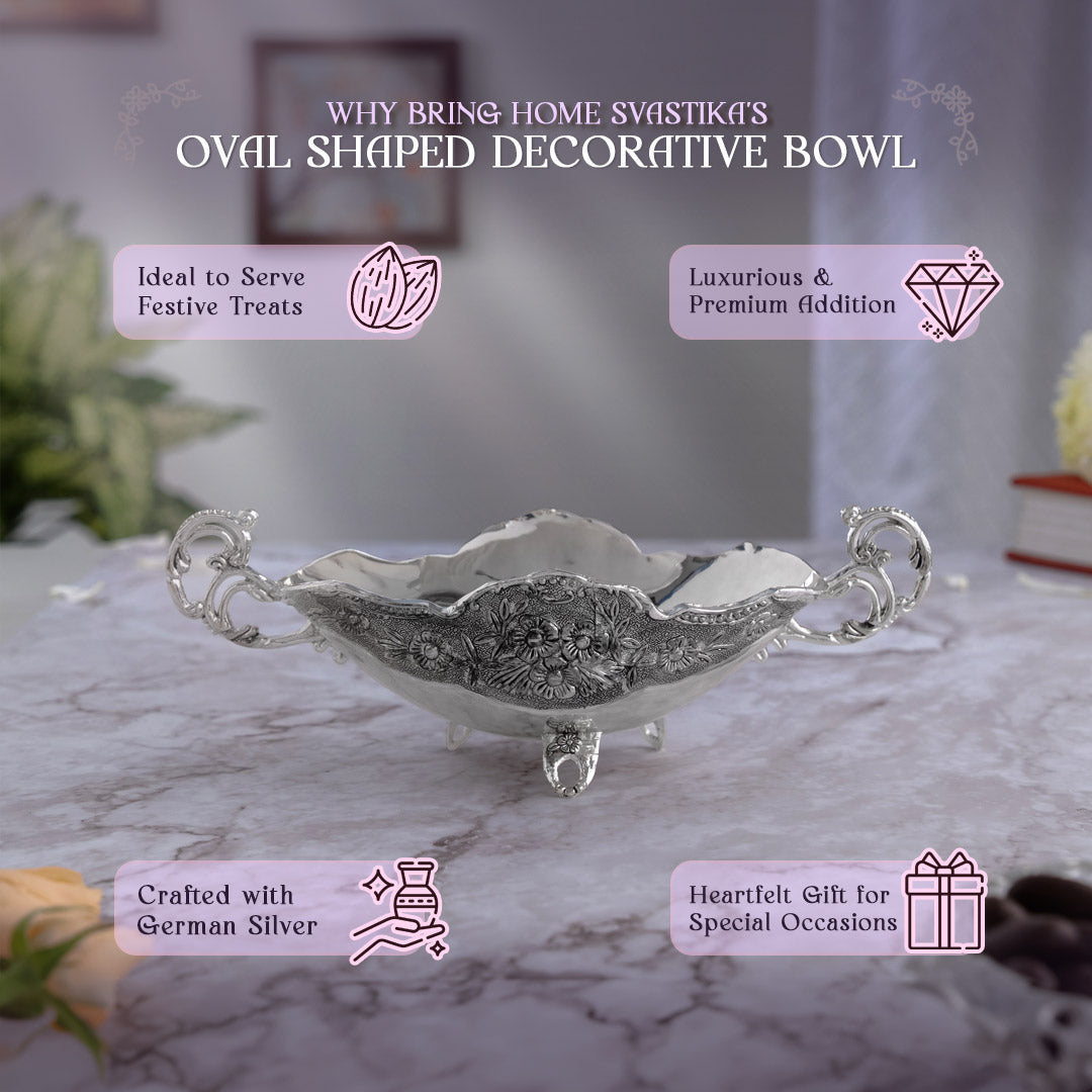Oval Shaped Decorative Bowl- German Silver (9.5 Inch)