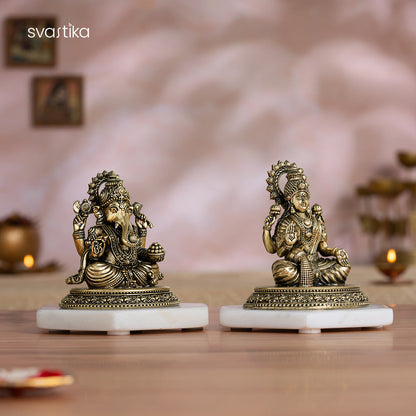 Brass Four-Armed Lakshmi Ganesh Murti Pair (4 Inch)