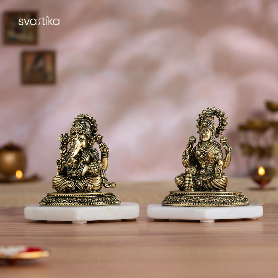 Brass Four-Armed Lakshmi Ganesh Murti Pair (4 Inch)