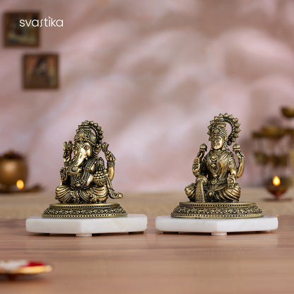 Brass Four-Armed Lakshmi Ganesh Murti Pair (4 Inch)